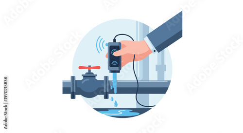 A professional technician uses a sophisticated digital sensor device to detect a water leak from an industrial pipe against a soft blue background.