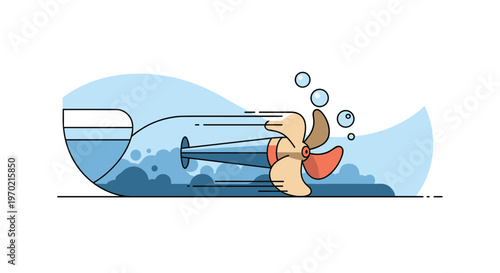 A powerful ship propeller spins rapidly underwater creating a trail of bubbles and motion against a serene blue aquatic background within a stylized frame.