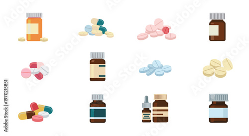 Multiple pharmaceutical glass bottles with white caps stand surrounded by diverse piles of colorful capsules and round tablets on a white background.