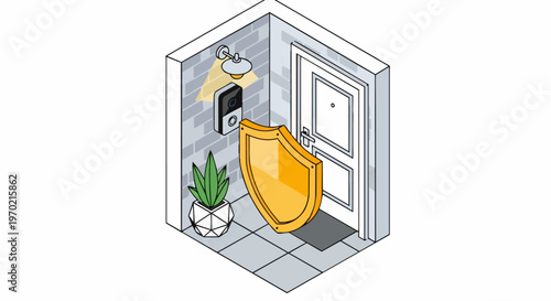 Isometric home security concept featuring a smart video doorbell and a golden shield at the entrance for protection and safety.