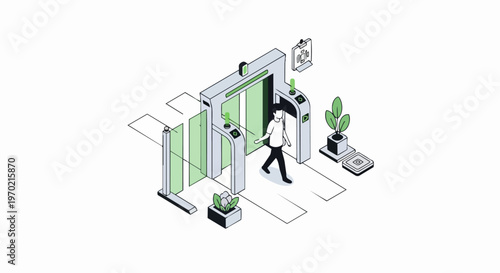 Isometric Illustration of a Modern Security Access Point with Person Walking Through Biometric Scanner Gate in a Smart Building