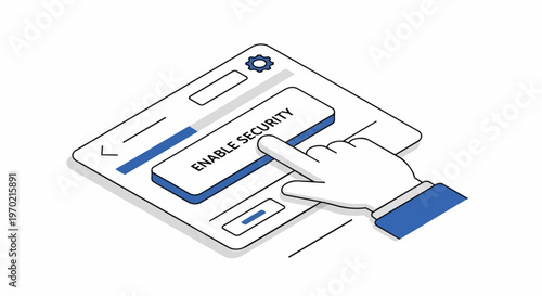 Isometric Cybersecurity Concept Illustration of a Hand Clicking an Enable Security Button on a Digital Interface for Data Protection