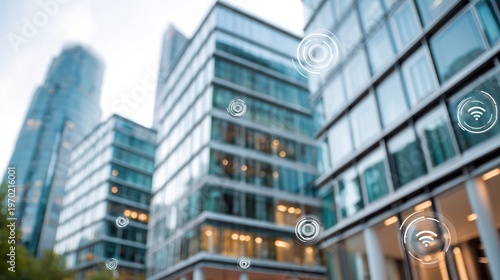 Modern Glass Office Buildings with Digital Connectivity Abstract Urban Architecture