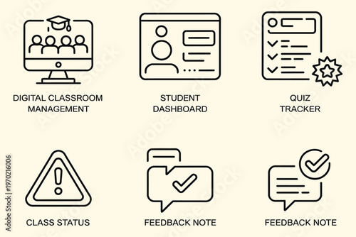 Digital classroom icons collection, vector set for dashboard management, quiz tracking, class status monitoring and feedback notes.