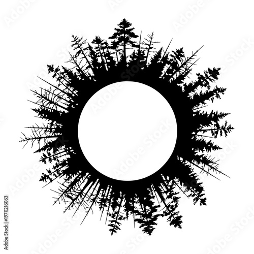 Trees surround circular frame in forest landscape illustration
