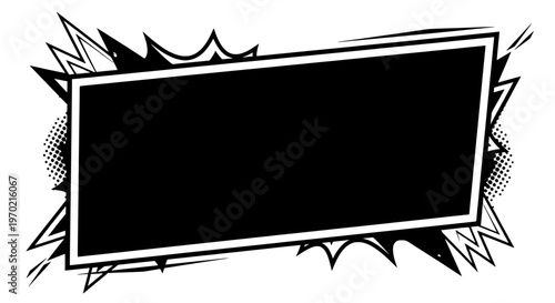 A comic-style black text box with white outline and spiky effects appears on a white background.