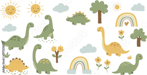Colorful cartoon dinosaurs and nature elements for kids illustration