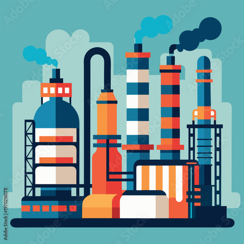 A refinery with smoke stacks-and pipes illustration  