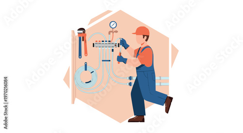 A skilled plumber wearing blue overalls and a bright orange cap meticulously adjusts a complex water manifold system using specialized wrenches in a clean setting.