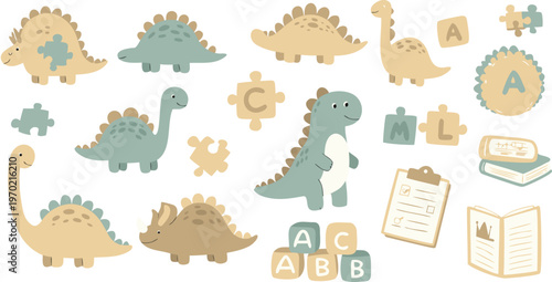 Colorful cartoon dinosaurs and childrens educational elements on white background