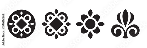Symmetric mandala inspired geometric icons featuring circle and diamond shapes in black ink