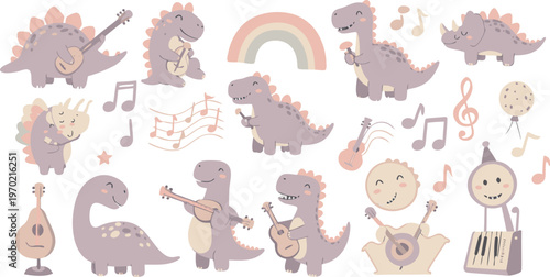Cute cartoon dinosaurs and musical notes with rainbow on white background