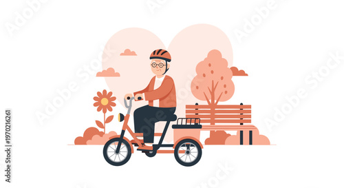 A cheerful senior man wearing a protective helmet and glasses enjoys a peaceful ride on his orange tricycle through a stylized park with a heart backdrop.