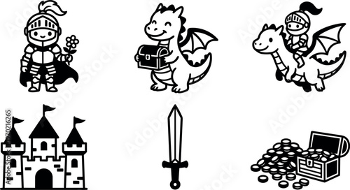 Black and white vector art knight dragon castle sword and treasure chest