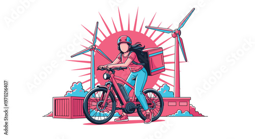 A determined female delivery courier wearing a helmet rides her modern electric bicycle past renewable energy wind turbines under a vibrant pink radiating sun.