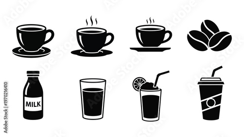 A collection of black silhouettes depicting various hot and cold beverages along with coffee beans and a milk bottle silhouette