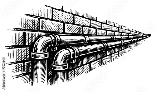 Industrial steel pipes running along a brick wall in vintage woodcut engraving style