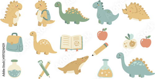 Cute cartoon dinosaurs and school supplies for kids education