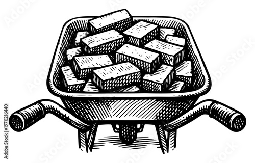 Hand drawn vintage woodcut illustration of a metal wheelbarrow full of construction bricks