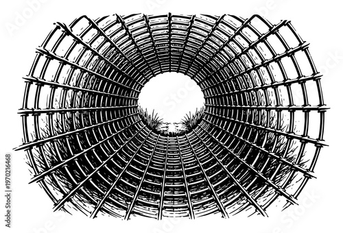 Abstract circular metal grid tunnel in vintage woodcut style with perspective view