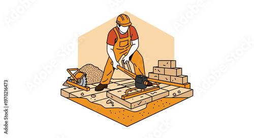 A skilled construction worker wearing protective orange overalls and a hard hat operates a powerful plate compactor to level a new stone patio surface.