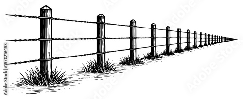 Detailed woodcut illustration of a barbed wire fence receding into the distant horizon
