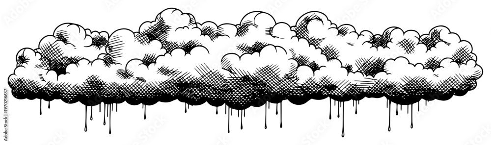 Obraz premium Stylized fluffy clouds with decorative dripping elements in vintage woodcut engraving style