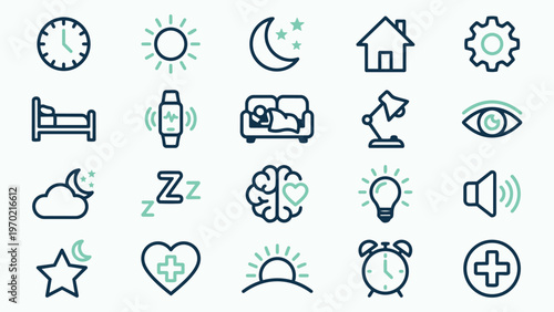 Comprehensive Icon Set for Sleep, Health, and Daily Lifestyle Concepts