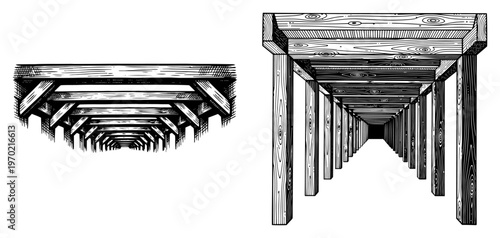 Perspective view of a wooden beam structure or architectural tunnel in vintage woodcut style