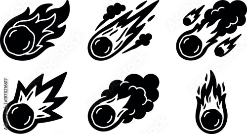 Black and white meteor fireball icons with smoke and flames vector art