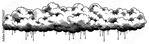 Stylized fluffy clouds with decorative dripping elements in vintage woodcut engraving style