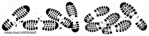 Grunge woodcut style illustration of dirty boot footprints and shoe tracks