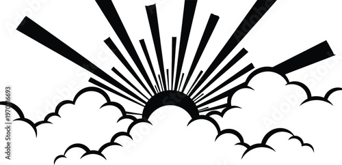 A black and white image of a sun rising over clouds