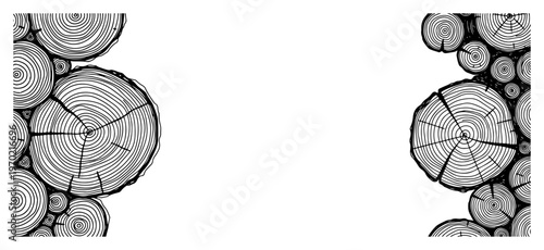 Detailed woodcut engraving of tree trunk cross sections and wooden log rings