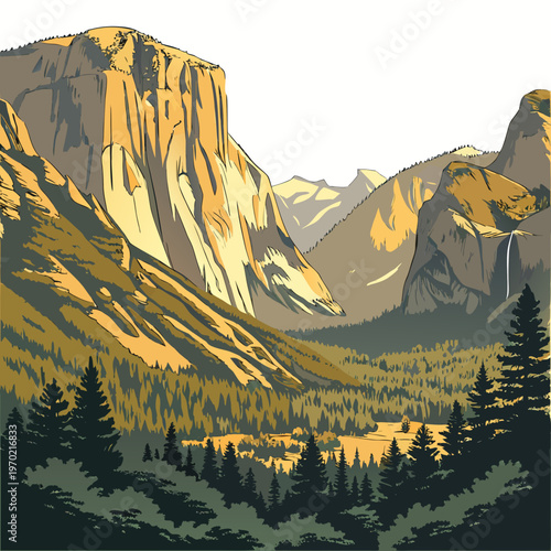 A striking illustration depicts yosemite valley s iconic granite cliffs lush pine forests and a distant waterfall rendered in warm tones