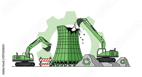 Two powerful green excavators work in tandem to demolish a large industrial cooling tower while a massive gear silhouette sits in the background.