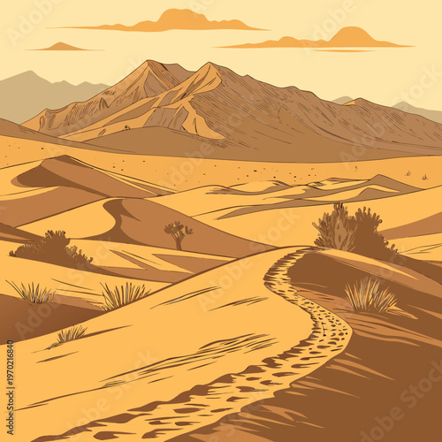 A serene desert landscape features rolling sand dunes a winding path and distant mountains under a warm golden sky
