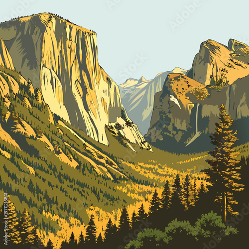 Tableau sur toile A stylized illustration depicts el capitan and surrounding yosemite valley lands