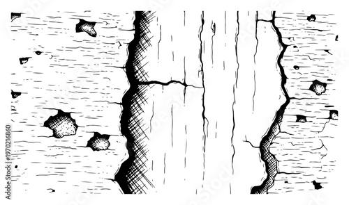 Vintage woodcut style illustration of a heavily cracked stone or concrete wall surface