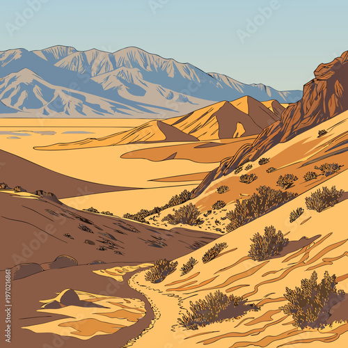 A stylized illustration depicts a vast desert landscape with rolling sand dunes rocky terrain and distant mountainous horizons high quality