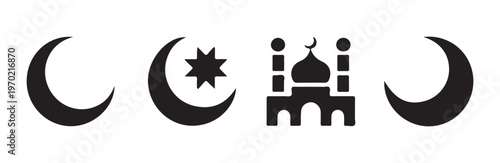 Set of black crescent moon and mosque icons isolated on white background symbol