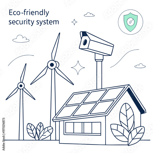 An illustration depicts an eco friendly security system powered by renewable energy sources like wind and solar power for a sustainable home