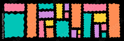 Set of colorful abstract wavy frames and labels on black background. Modern organic shapes collection for banners, tags, stickers, social media posts, posters and web design elements.