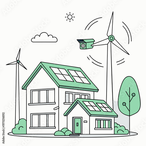 A charming illustration showcases a green home powered by renewable energy sources like solar panels and wind turbines high quality