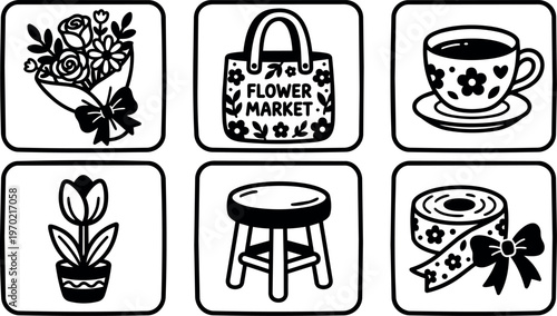 Black and white floral market bag flower bouquet cup stool and ribbon icons