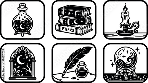 Black and white mystical magic symbols potion books candle feather crystal ball line art