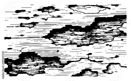 Vintage woodcut style illustration of weathered tree bark or grunge wood texture with dark patches