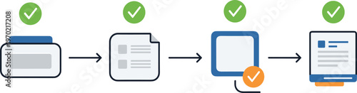 document workflow process with approval steps, file verification and printing system, business automation concept modern flat vector illustration design
