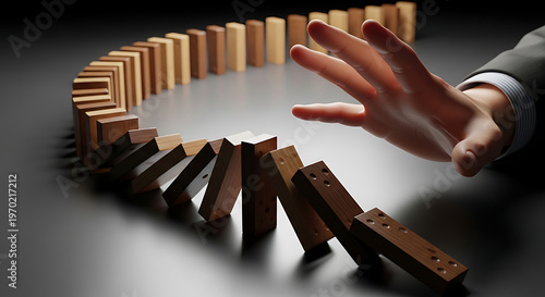 Business concept of a hand stopping a chain reaction of falling dominoes, symbolizing risk management and preventing a crisis