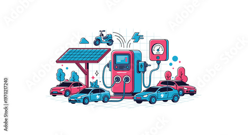 A vibrant cluster of colorful electric cars and a scooter charge at a central high-tech hub powered by a large solar panel array under clear bright skies.